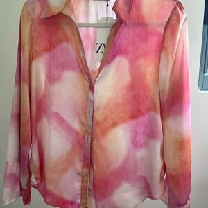 Zara Women's Vibrant Pink and Orange Button Down Shirt
